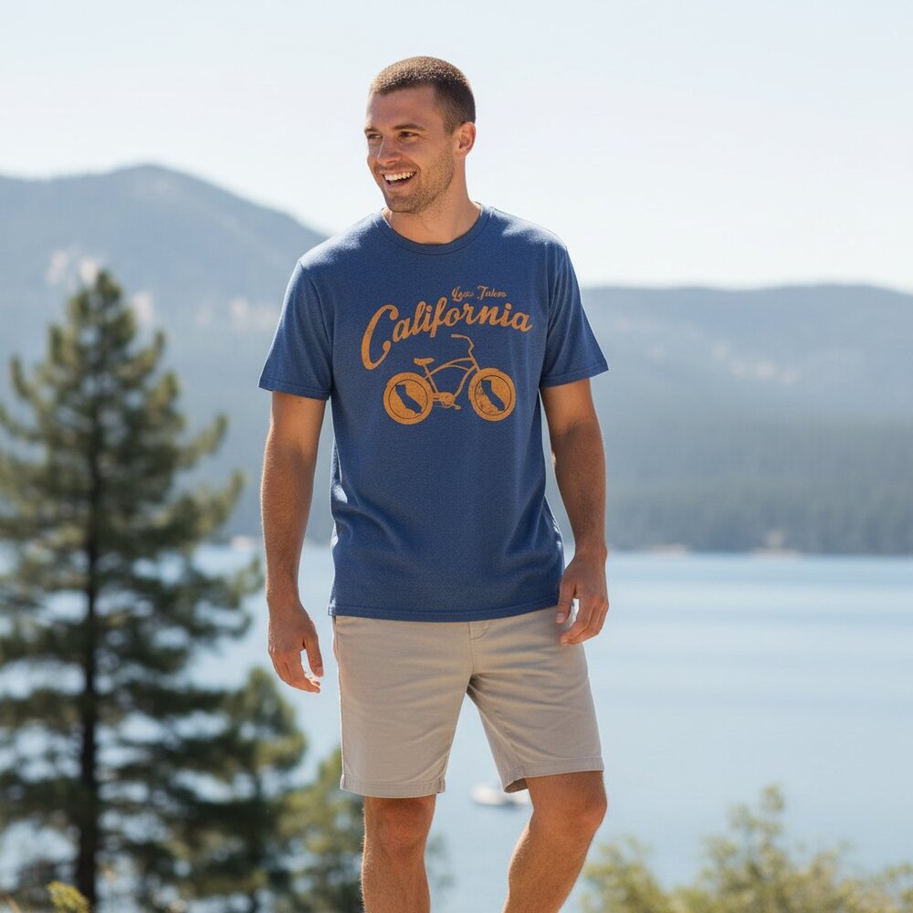 California T-Shirt Blue Retro Bicycle Lake Tahoe Graphic Tee Soft Size Small